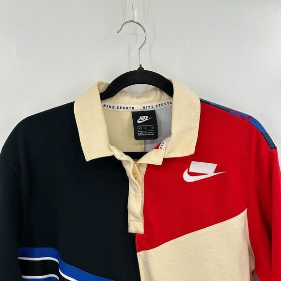 NIKE Womens Red Blue Cream Colorblock Cropped Boxy Long Sleeve Polo Shirt Small - Picture 4 of 8